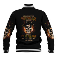 Black baseball jacket, striped rib collar and cuffs, back skull-flame graphic with text