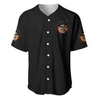 Black baseball jersey with flaming skull chest graphic and button placket
