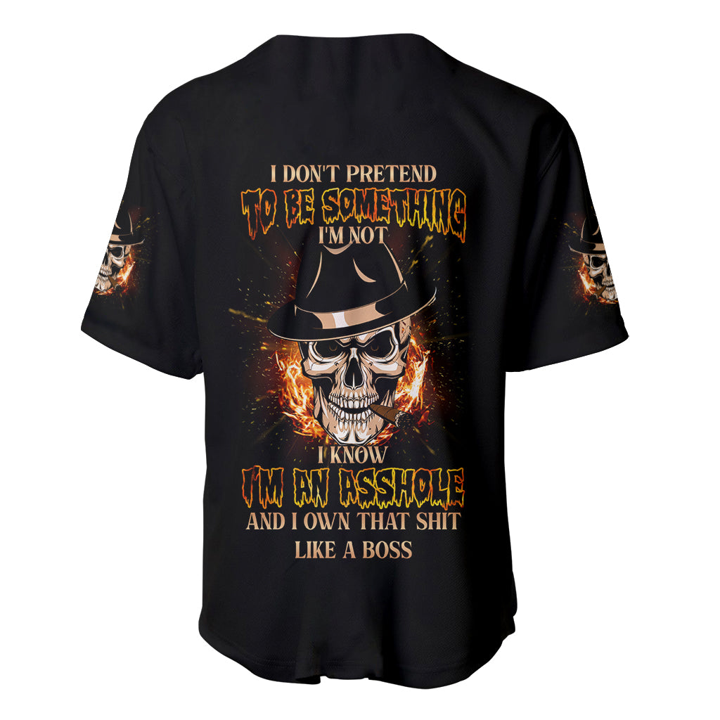 Black baseball jersey with flaming skull graphic and text on back