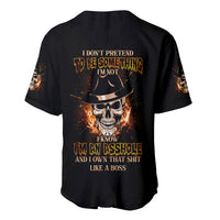 Black baseball jersey with flaming skull graphic and text on back