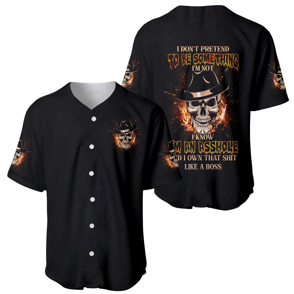 Two black baseball jerseys, one front and one back, flaming skull graphics