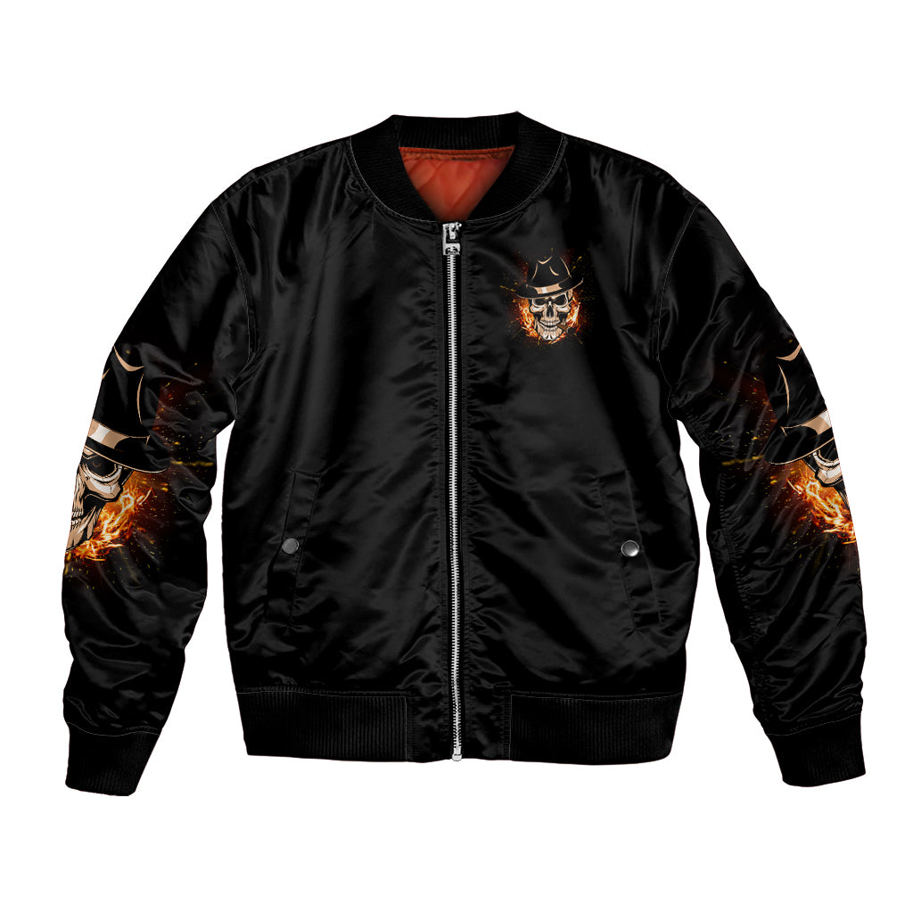Black satin bomber jacket with front zipper and chest skull flame graphic, ribbed hem