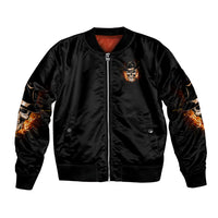 Black satin bomber jacket with front zipper and chest skull flame graphic, ribbed hem