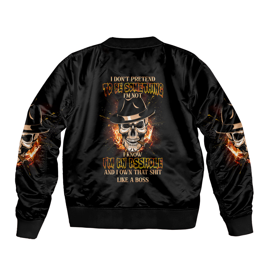 Black satin bomber jacket with ribbed collar, cuffs, and back skull-and-flame graphic