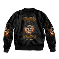 Black satin bomber jacket with ribbed collar, cuffs, and back skull-and-flame graphic