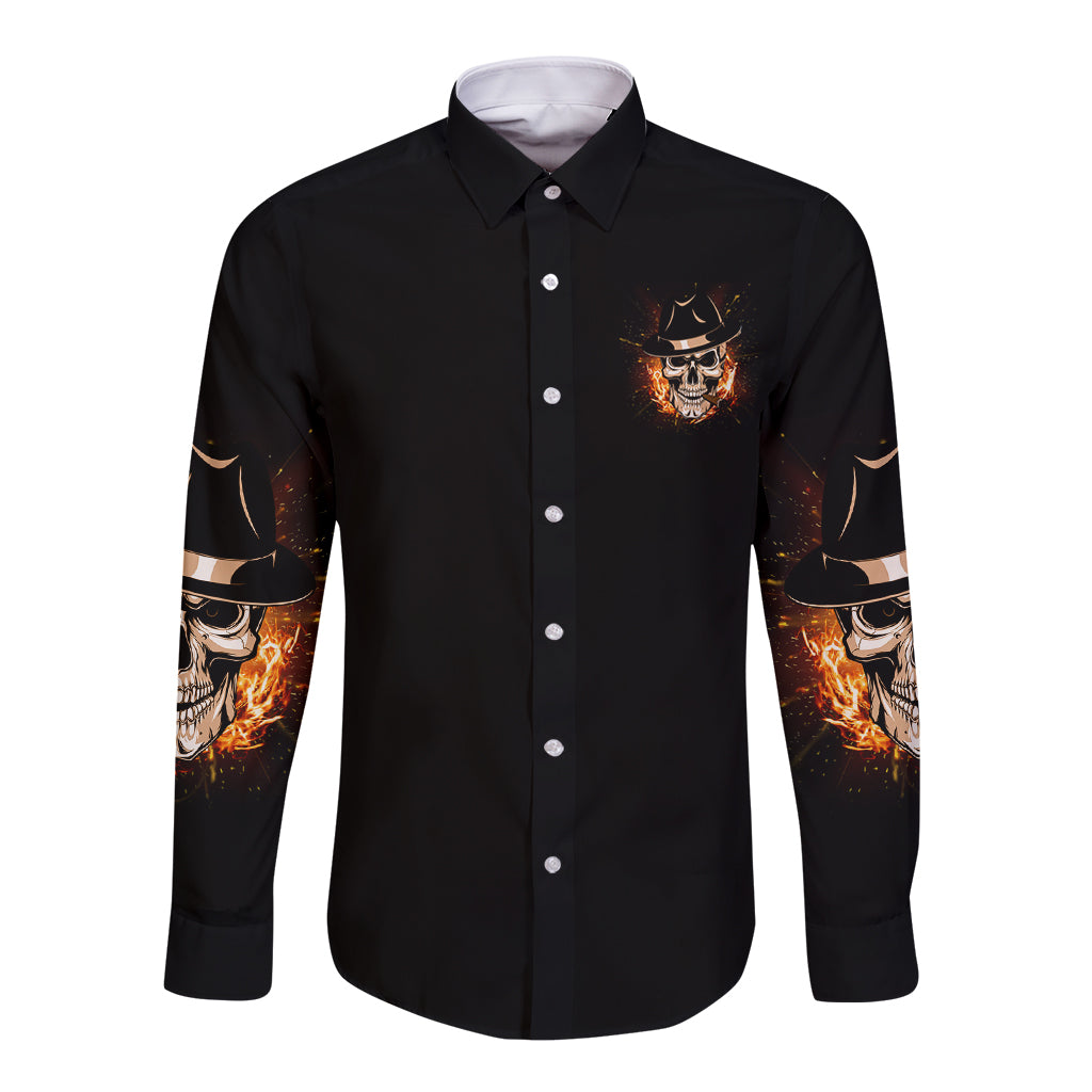 Black long-sleeve button shirt with skull chest graphic and flame sleeve art