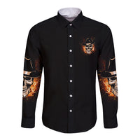 Black long-sleeve button shirt with skull chest graphic and flame sleeve art