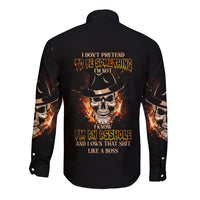Black long-sleeve button shirt with skull graphic and back text