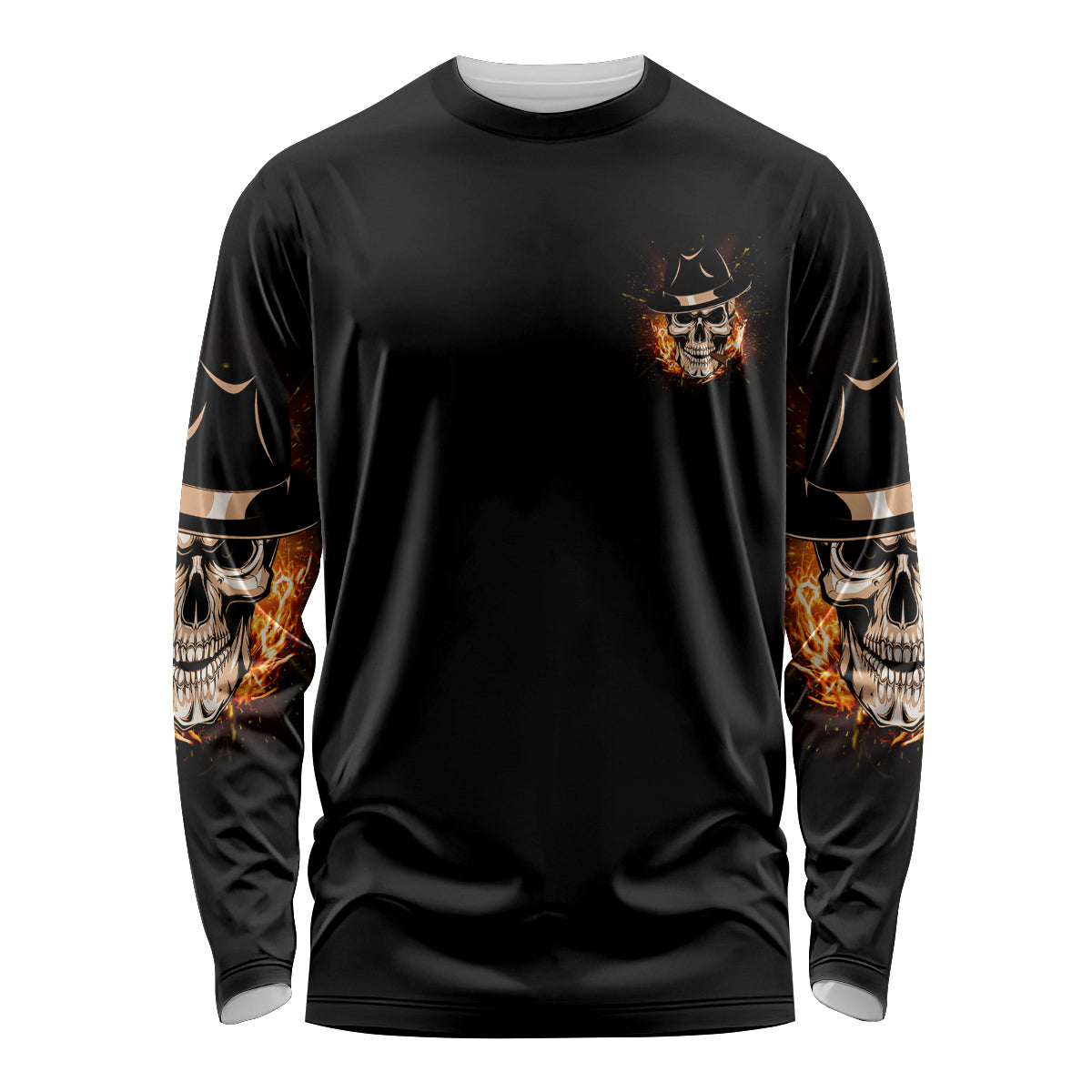 Black long sleeve shirt with front skull chest graphic and orange sleeve accents