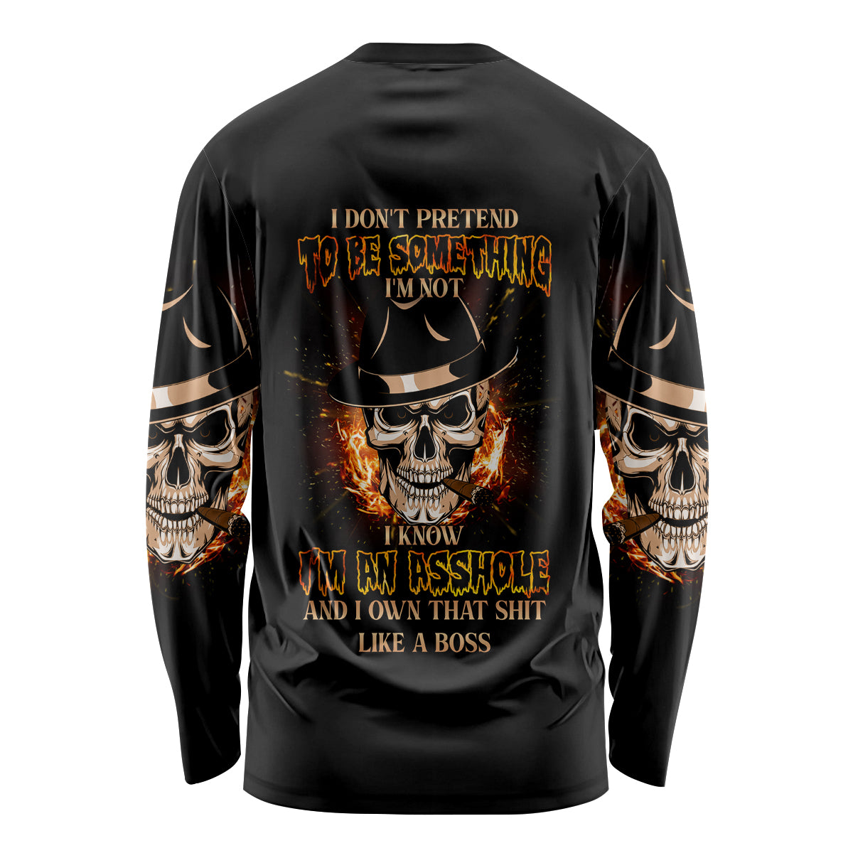 Black long sleeve shirt with back skull graphic and orange text