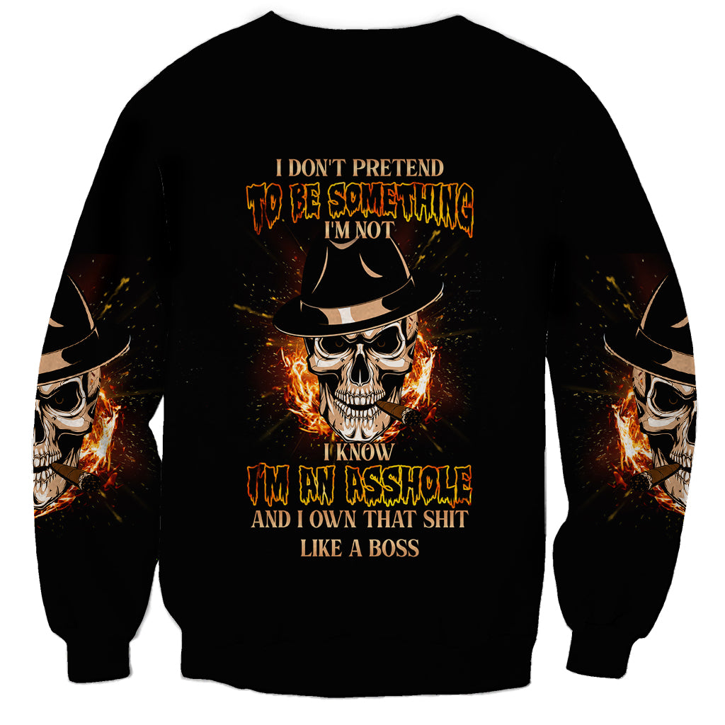 Unisex black sweatshirt with back skull graphic and bold golden text
