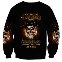 Unisex black sweatshirt with back skull graphic and bold golden text