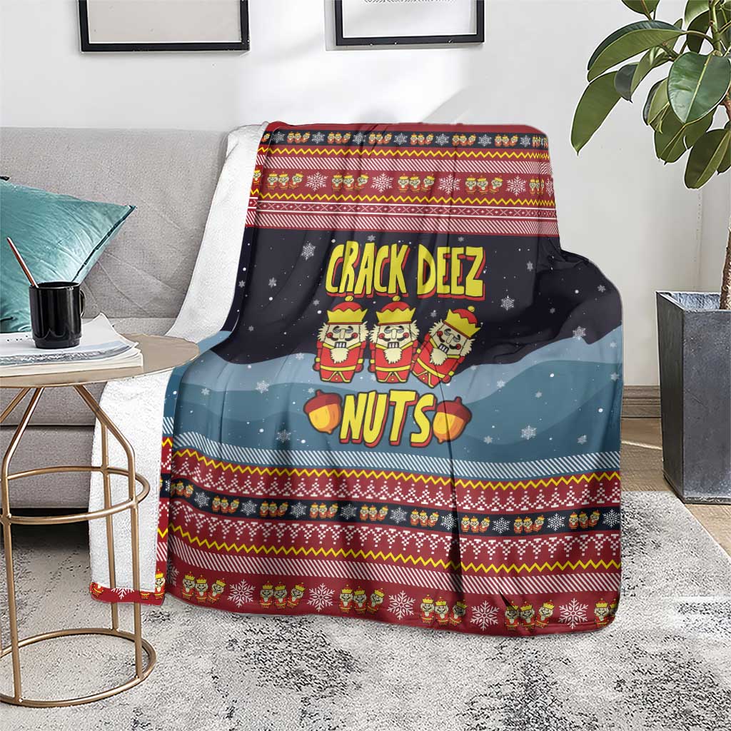 Funny Nutcracker Christmas Blanket with Crack Deez Nuts Quote and Holiday Pattern Design - Wonder Print Shop