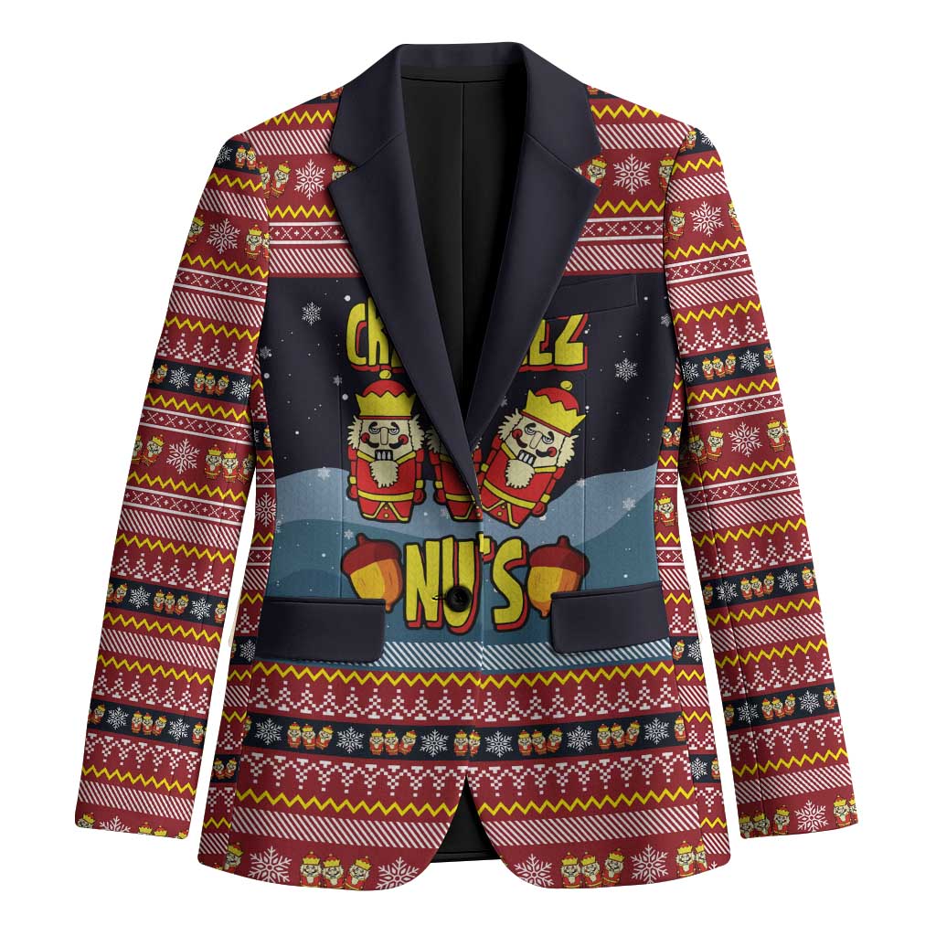 Funny Nutcracker Christmas Blazer with Crack Deez Nuts Quote and Holiday Pattern Design - Wonder Print Shop