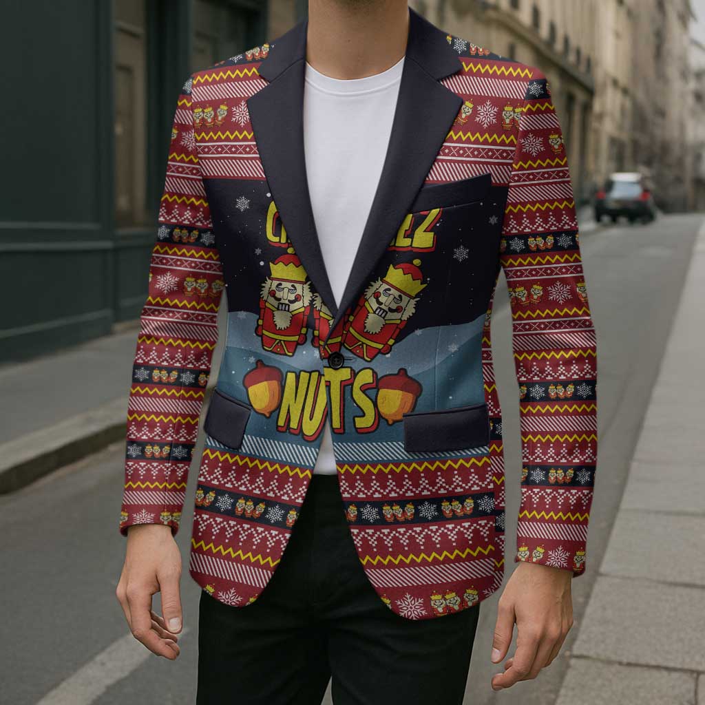 Funny Nutcracker Christmas Blazer with Crack Deez Nuts Quote and Holiday Pattern Design - Wonder Print Shop