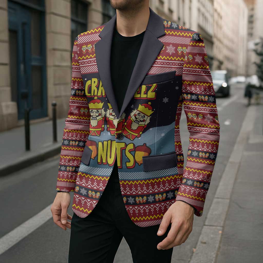 Funny Nutcracker Christmas Blazer with Crack Deez Nuts Quote and Holiday Pattern Design - Wonder Print Shop
