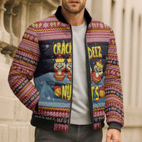 Funny Nutcracker Christmas Bomber Puffer Jacket with Crack Deez Nuts Quote and Holiday Pattern Design - Wonder Print Shop