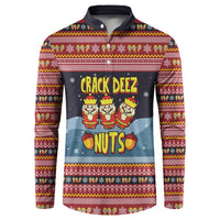 Funny Nutcracker Christmas Button Sweatshirt with Crack Deez Nuts Quote and Holiday Pattern Design - Wonder Print Shop