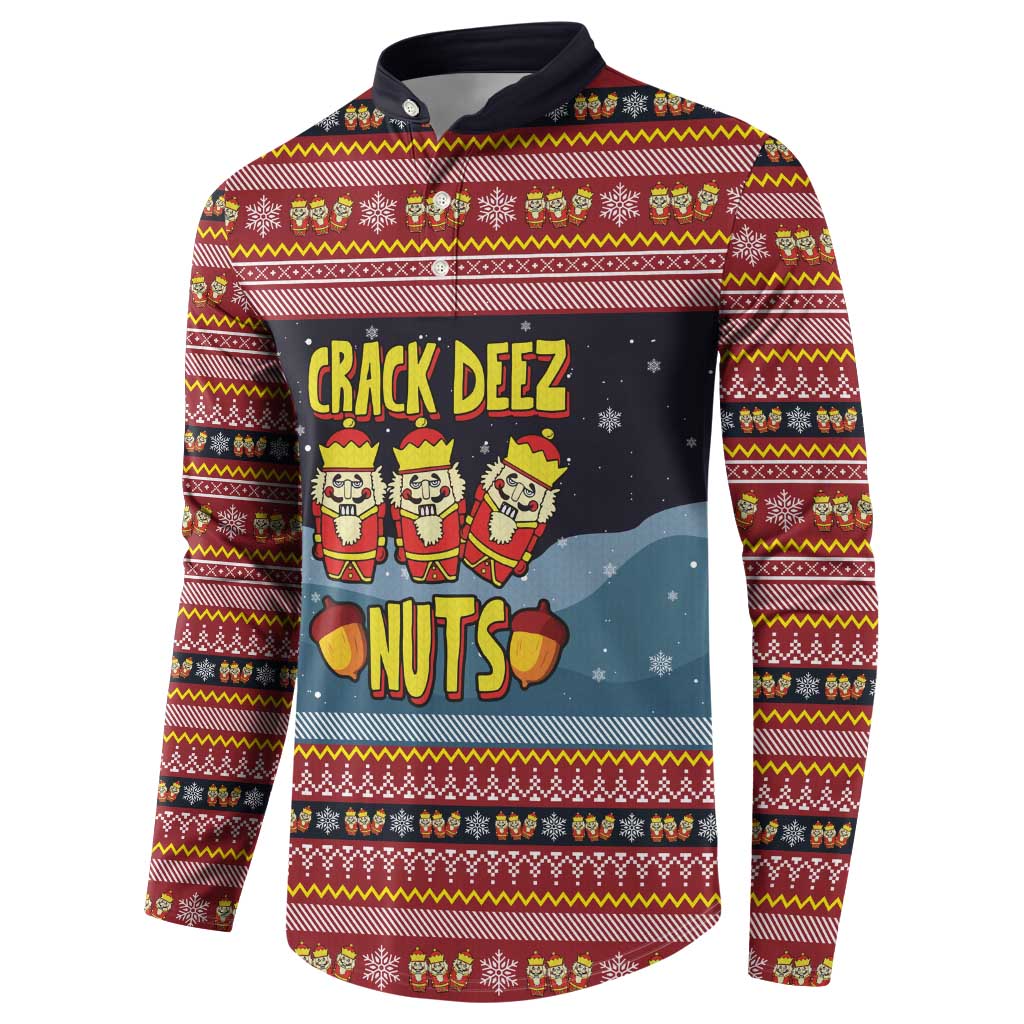 Funny Nutcracker Christmas Button Sweatshirt with Crack Deez Nuts Quote and Holiday Pattern Design - Wonder Print Shop