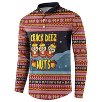 Funny Nutcracker Christmas Button Sweatshirt with Crack Deez Nuts Quote and Holiday Pattern Design - Wonder Print Shop
