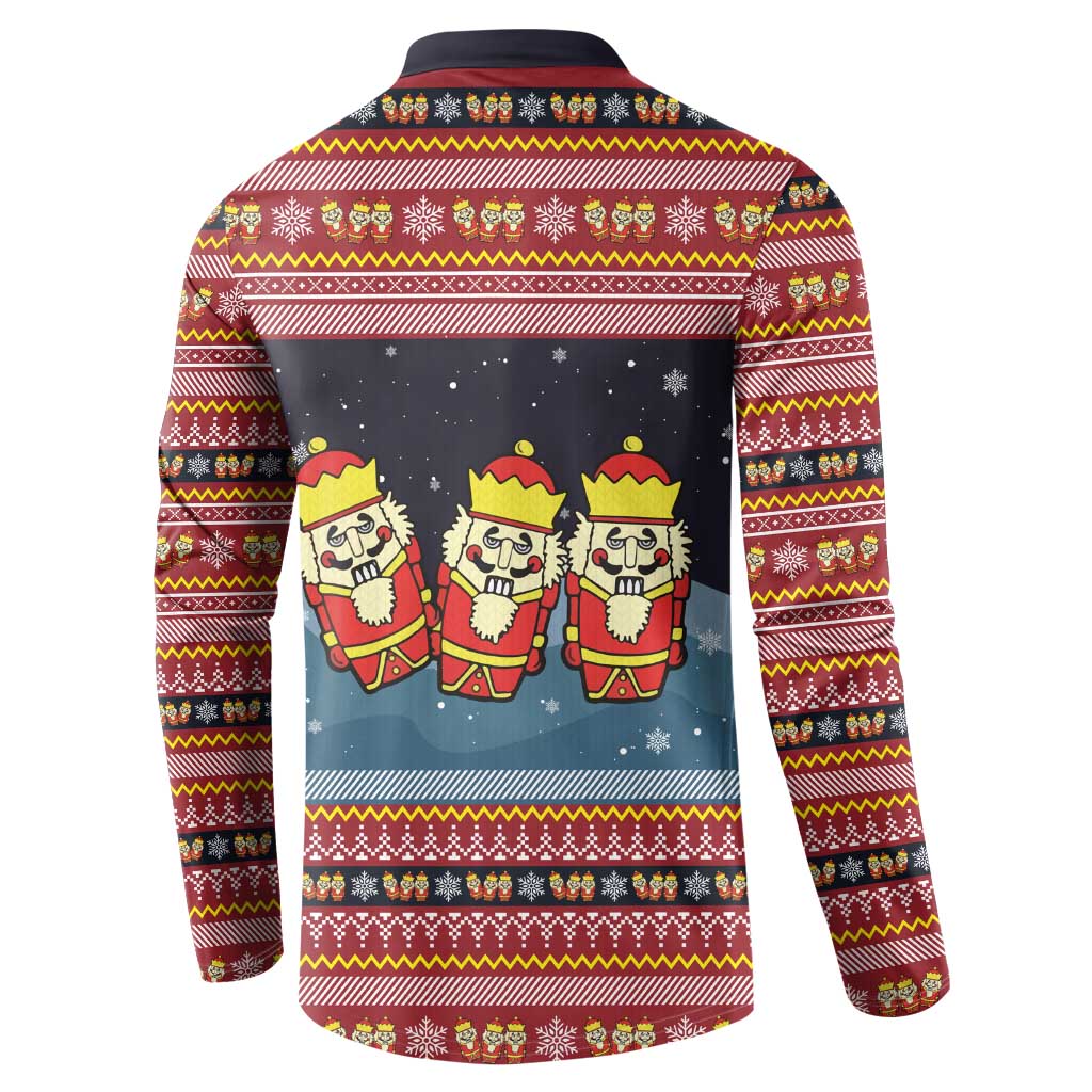 Funny Nutcracker Christmas Button Sweatshirt with Crack Deez Nuts Quote and Holiday Pattern Design - Wonder Print Shop