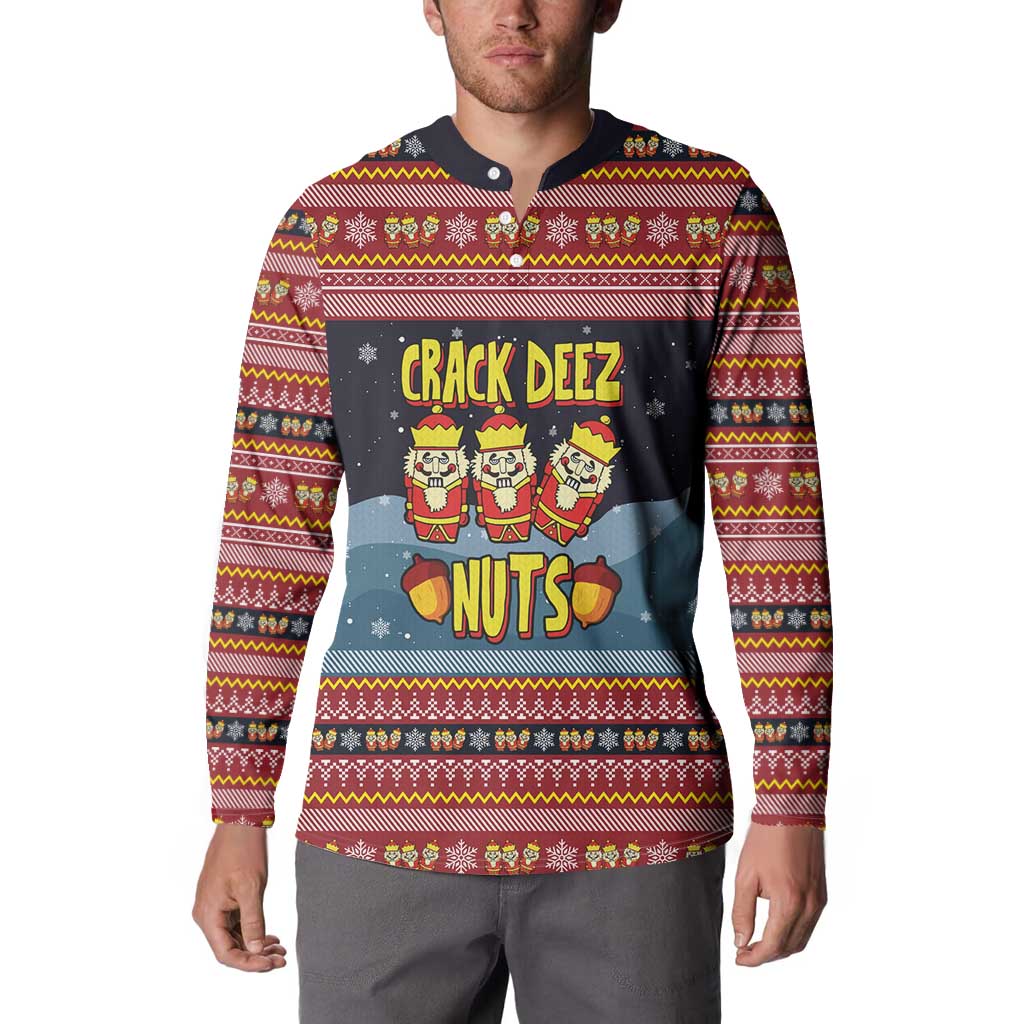Funny Nutcracker Christmas Button Sweatshirt with Crack Deez Nuts Quote and Holiday Pattern Design - Wonder Print Shop