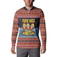 Funny Nutcracker Christmas Button Sweatshirt with Crack Deez Nuts Quote and Holiday Pattern Design - Wonder Print Shop