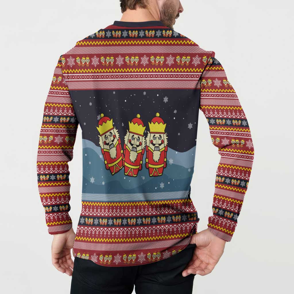 Funny Nutcracker Christmas Button Sweatshirt with Crack Deez Nuts Quote and Holiday Pattern Design - Wonder Print Shop