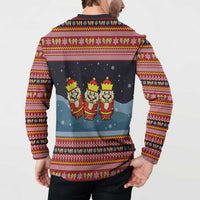 Funny Nutcracker Christmas Button Sweatshirt with Crack Deez Nuts Quote and Holiday Pattern Design - Wonder Print Shop
