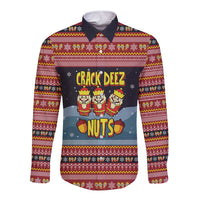 Funny Nutcracker Christmas Long Sleeve Button Shirt with Crack Deez Nuts Quote and Holiday Pattern Design - Wonder Print Shop