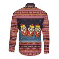 Funny Nutcracker Christmas Long Sleeve Button Shirt with Crack Deez Nuts Quote and Holiday Pattern Design - Wonder Print Shop