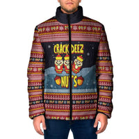 Funny Nutcracker Christmas Padded Jacket with Crack Deez Nuts Quote and Holiday Pattern Design - Wonder Print Shop