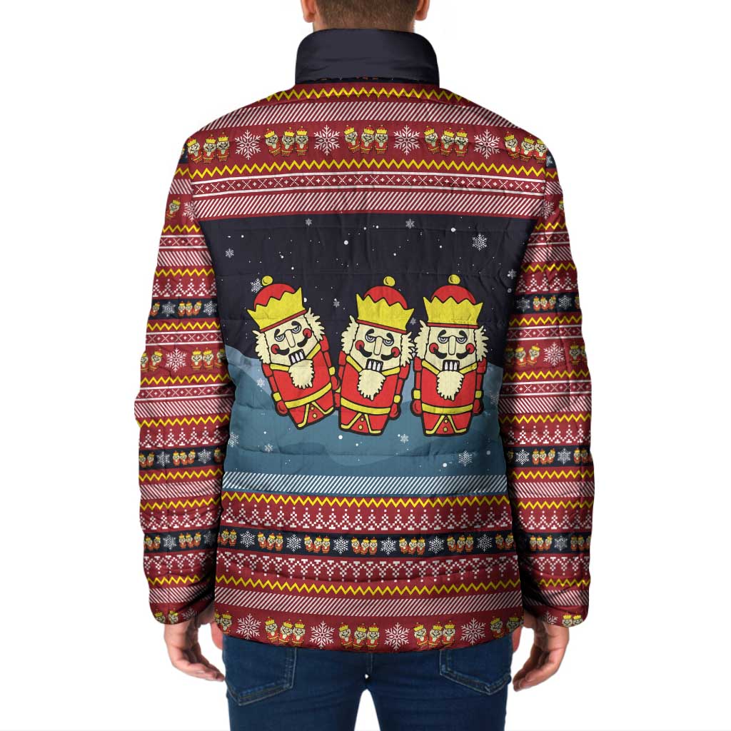Funny Nutcracker Christmas Padded Jacket with Crack Deez Nuts Quote and Holiday Pattern Design - Wonder Print Shop