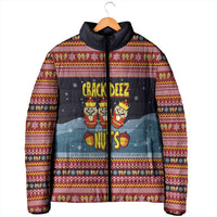 Funny Nutcracker Christmas Padded Jacket with Crack Deez Nuts Quote and Holiday Pattern Design - Wonder Print Shop