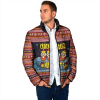 Funny Nutcracker Christmas Padded Jacket with Crack Deez Nuts Quote and Holiday Pattern Design - Wonder Print Shop