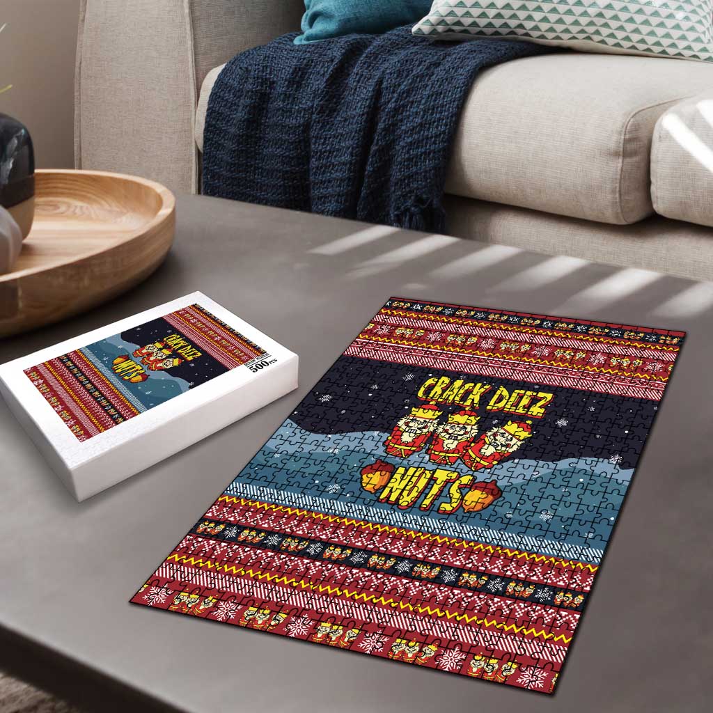 Funny Nutcracker Christmas Puzzle with Crack Deez Nuts Quote and Holiday Pattern Design - Wonder Print Shop