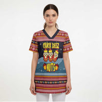 Funny Nutcracker Christmas Scrub Top with Crack Deez Nuts Quote and Holiday Pattern Design - Wonder Print Shop