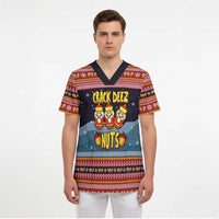 Funny Nutcracker Christmas Scrub Top with Crack Deez Nuts Quote and Holiday Pattern Design - Wonder Print Shop