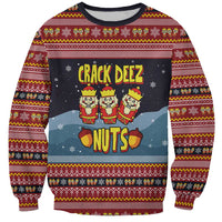 Funny Nutcracker Christmas Sweatshirt with Crack Deez Nuts Quote and Holiday Pattern Design - Wonder Print Shop