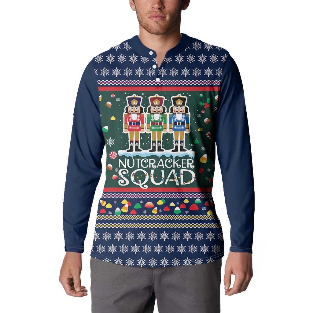 Nutcracker Squad Christmas Button Sweatshirt with Candy Cane and Snowflake Holiday Design - Wonder Print Shop