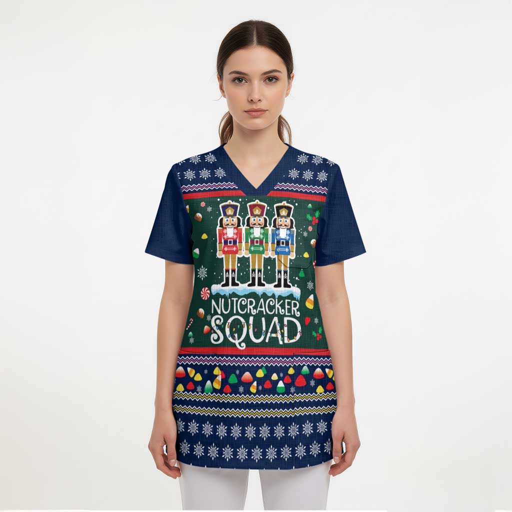 Nutcracker Squad Christmas Scrub Top with Candy Cane and Snowflake Holiday Design - Wonder Print Shop
