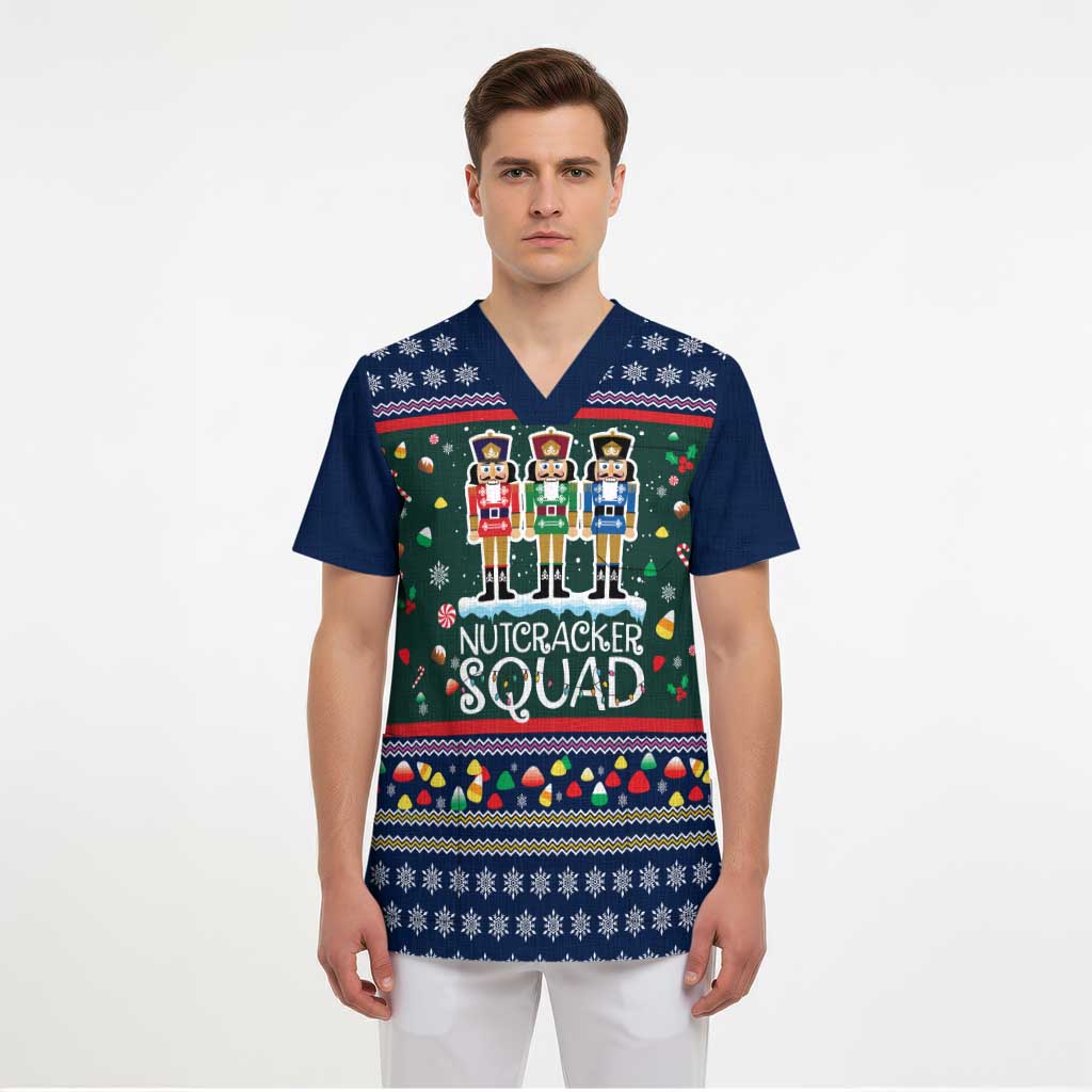 Nutcracker Squad Christmas Scrub Top with Candy Cane and Snowflake Holiday Design - Wonder Print Shop