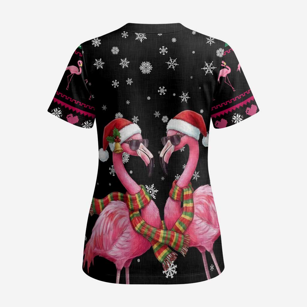 Flamingo Couple Christmas Scrub Top Xmas Holiday Patterns - Wonder Print Shop