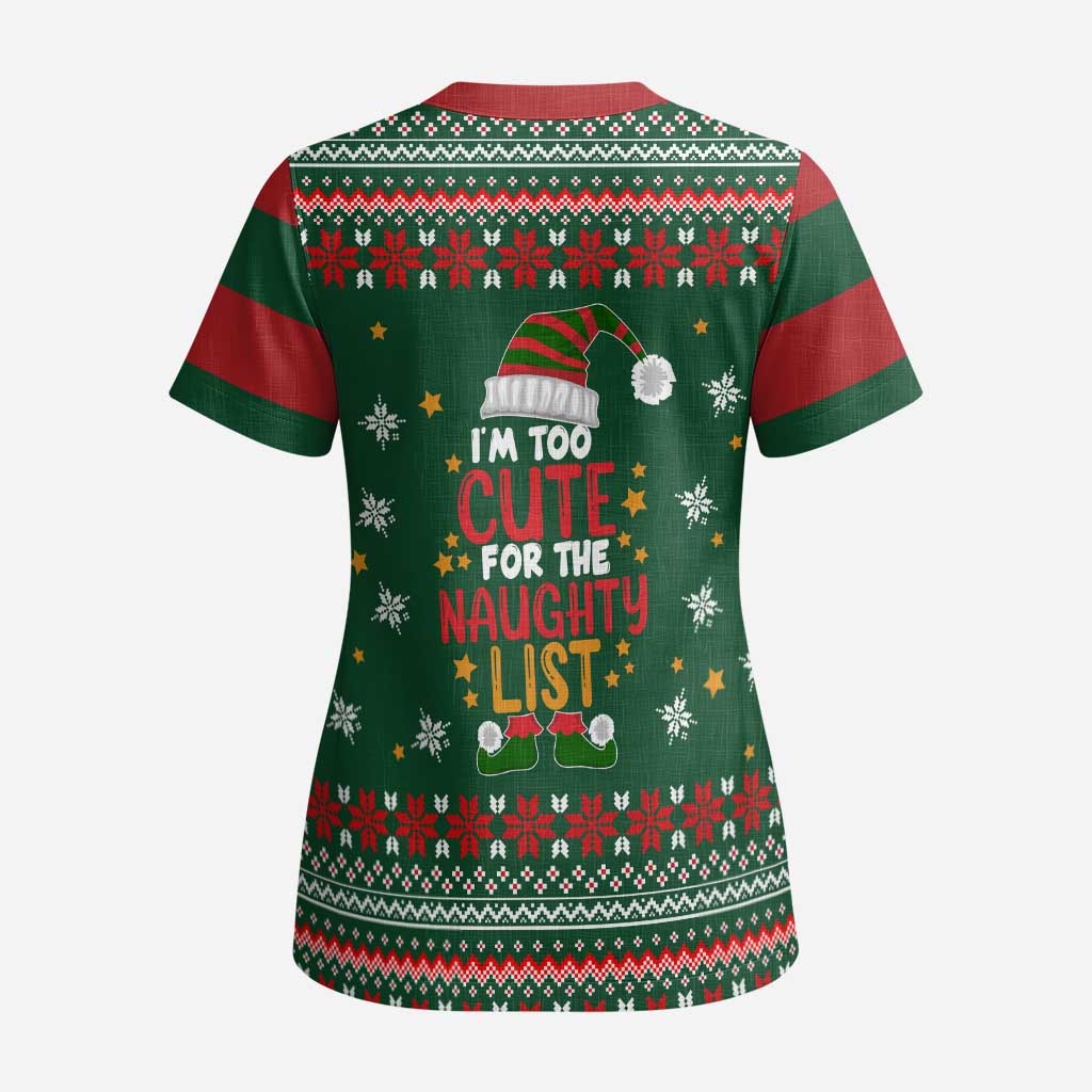 Too Cute For The Naughty List Christmas Scrub Top Xmas Holiday Patterns - Wonder Print Shop