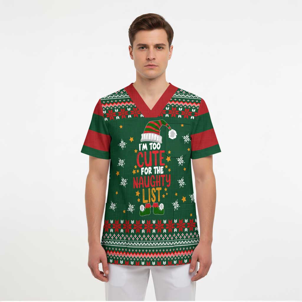 Too Cute For The Naughty List Christmas Scrub Top Xmas Holiday Patterns - Wonder Print Shop