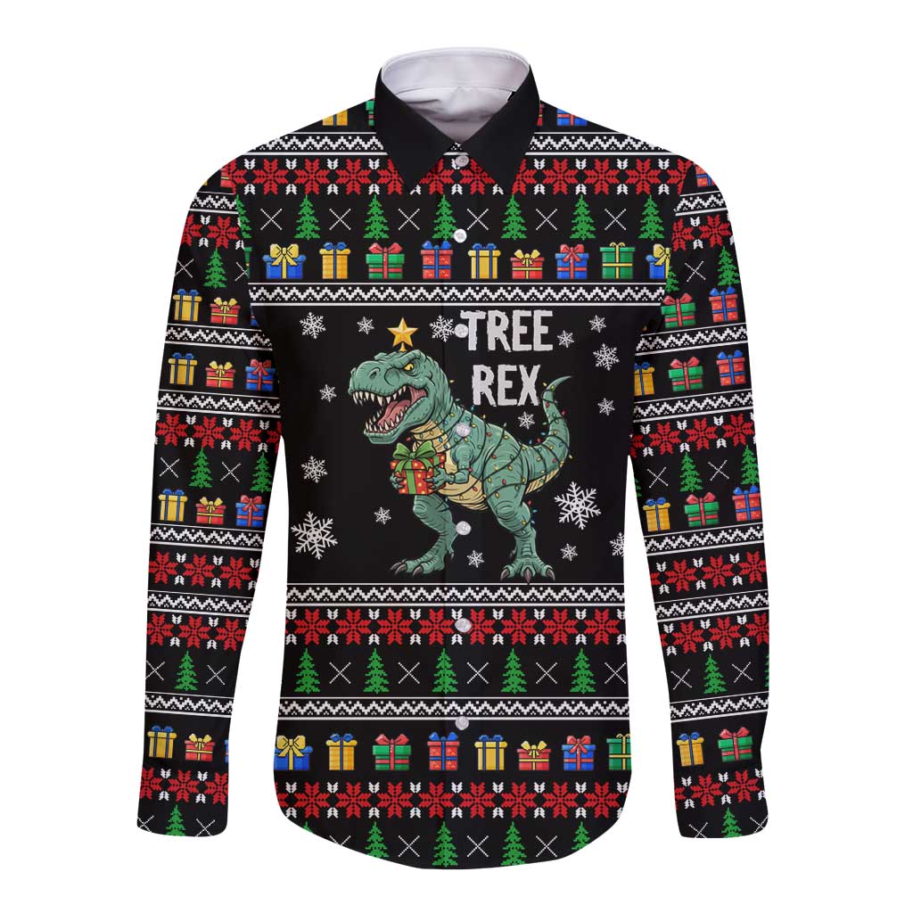 Tree Rex Christmas Long Sleeve Button Shirt Xmas Holiday Patterns - Wonder Print Shop