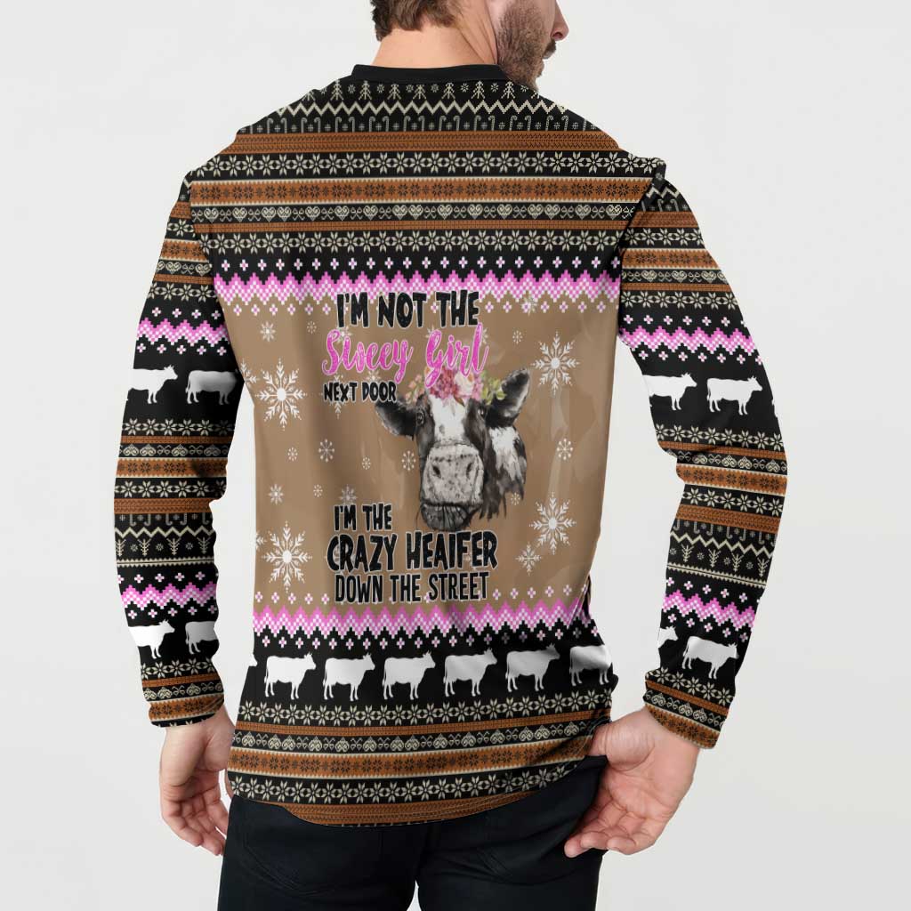 The Crazy Heifer Christmas Button Sweatshirt Xmas Holiday Patterns - Wonder Print Shop