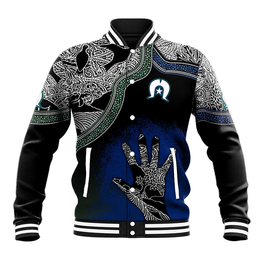 Black varsity baseball jacket with blue tribal graphic, white print, ribbed collar and cuffs.