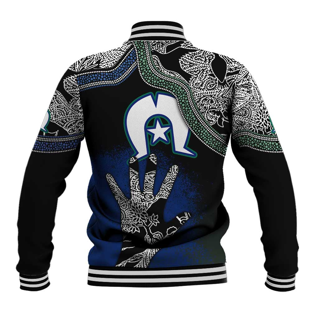 Black varsity baseball jacket with large blue hand emblem, white tribal patterns, striped collar.