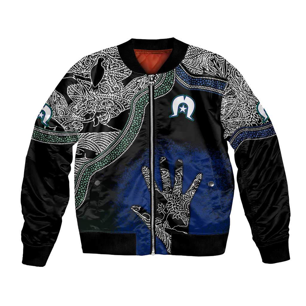 Unisex bomber jacket with black, white, blue Aboriginal art print; front zip, ribbed cuffs